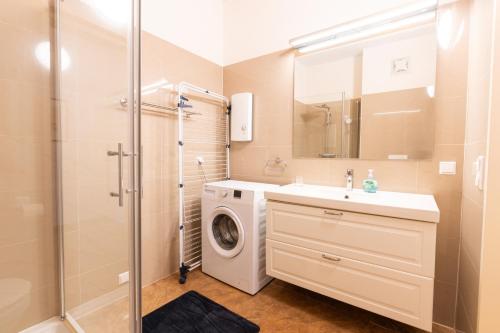 a bathroom with a washing machine and a washer at 213 Prag, Studio Apartment, 27m2, 1-2 Personen in Klagenfurt