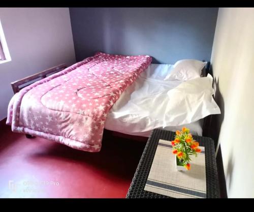 马迪凯里Divine home stays的一张小床，上面铺着粉色毯子，还有一张桌子。