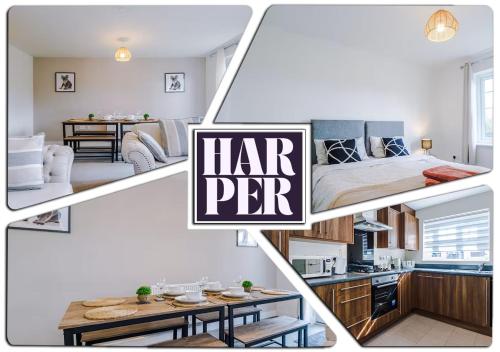 a collage of four pictures of a room at Spacious 5BR Contractor Stay Sleeps 10 in Chester in Hough Green