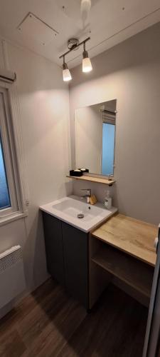 a bathroom with a sink and a mirror at Ronce les bains in La Tremblade