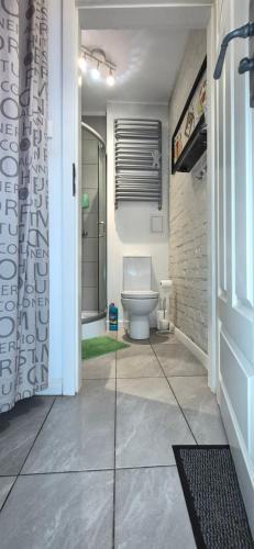a bathroom with a toilet and a glass door at Staszica Starówka in Olsztyn