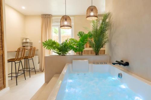 eine Badewanne in einem Badezimmer mit Topfpflanzen in der Unterkunft Suite Baniléa & Spa in Brest