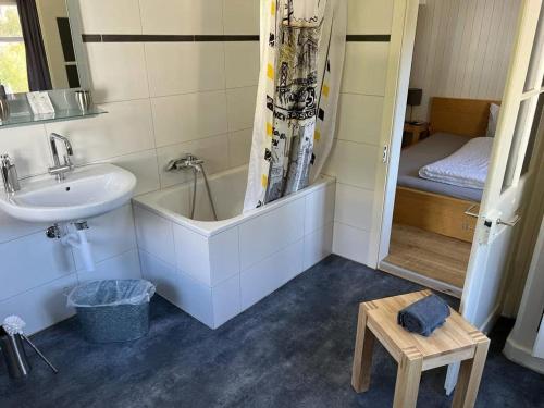 a bathroom with a sink and a bath tub and a sink at Hotel Central in Luchsingen