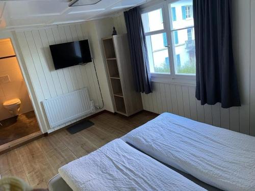 a bedroom with a bed and a tv and a window at Hotel Central in Luchsingen