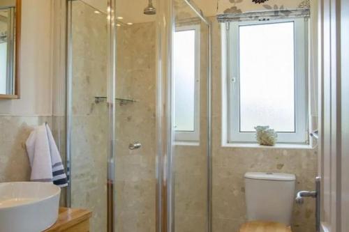 a bathroom with a shower and a toilet and a sink at Waterford Villa - 5 Bed - Sleeps 10 - Parking in Waterford