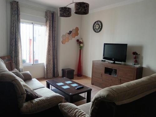 a living room with a couch and a tv at Casa rural Sabina in Montejaque