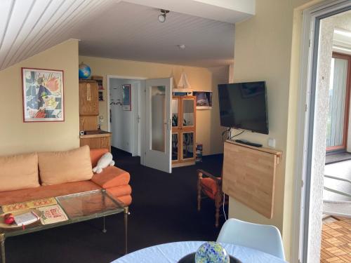a living room with a couch and a flat screen tv at Helles Apartment mit Balkon in ruhiger Lage in Hameln