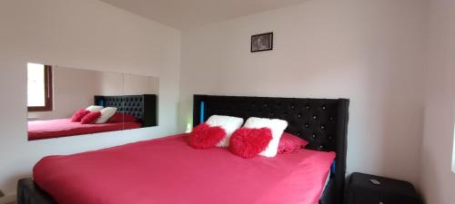 a bedroom with a pink bed with red and white pillows at le cocon de Saeby in Dreslincourt