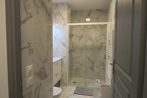 Un baño blanco con ducha y WC. en Appartement Elégant & Raffiné, en Noisy-le-Grand