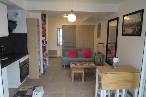 a living room with a blue couch and red pillows at Appartement Elégant & Raffiné in Noisy-le-Grand
