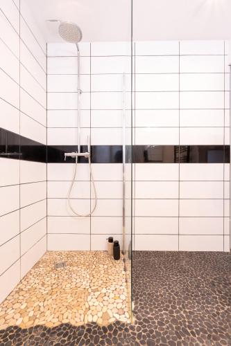 a shower with a glass door in a bathroom at Séjour tout confort Emplacement exceptionnel in Rennes
