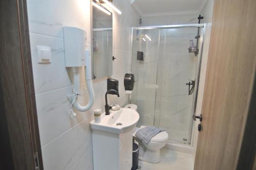 um banheiro com vaso sanitário, pia e chuveiro em Deluxe Mimoza em Castória