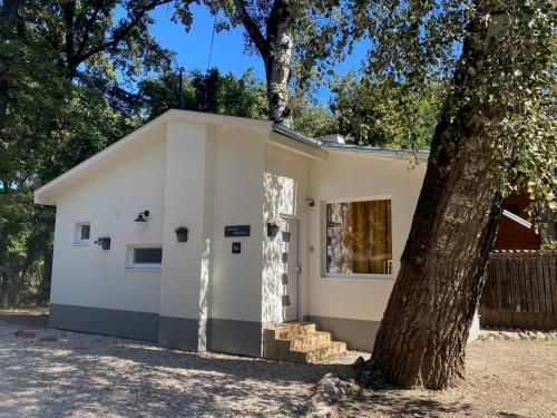a small white house with a tree in front at Riverside Apartment in Makó