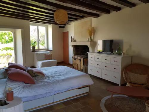 a bedroom with a large bed and a fireplace at Le Clos Julo - Studio cosy à la campagne avec piscine in Villiers-sur-Loir