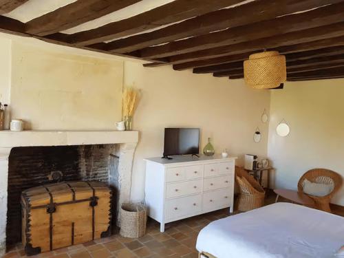 a bedroom with a fireplace and a bed and a tv at Le Clos Julo - Studio cosy à la campagne avec piscine in Villiers-sur-Loir