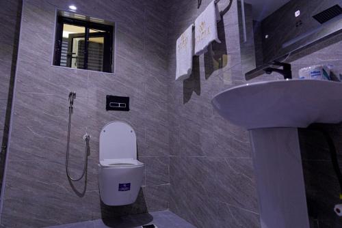a bathroom with a toilet and a sink at Vizit Hotel & Suites in Benin City