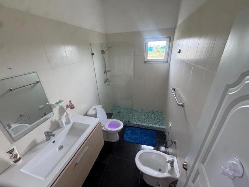 een witte badkamer met een wastafel en een toilet bij Modern 3-Bedroom Apartment with Pool in Boca Chica