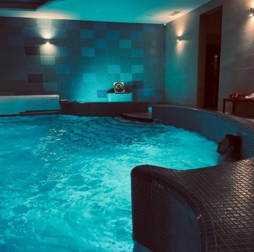 a large pool of blue water in a hotel room at Apartament Lis i Las in Sobótka