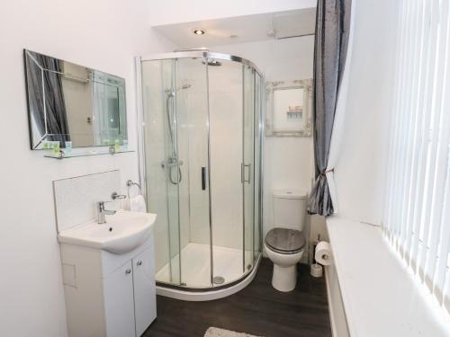 a bathroom with a shower and a sink and a toilet at The Railway Apartment in Hexham