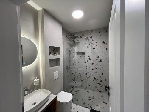 a bathroom with a sink and a toilet and a shower at Marta Apartment in Čitluk