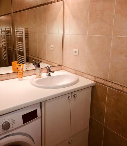 a bathroom with a sink and a washing machine at Résidence L'écume in Saint-Cyprien-Plage