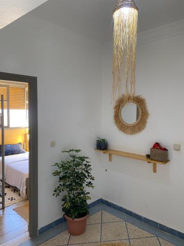a room with a bed and a mirror on the wall at Mirleft Hostel in Mirleft