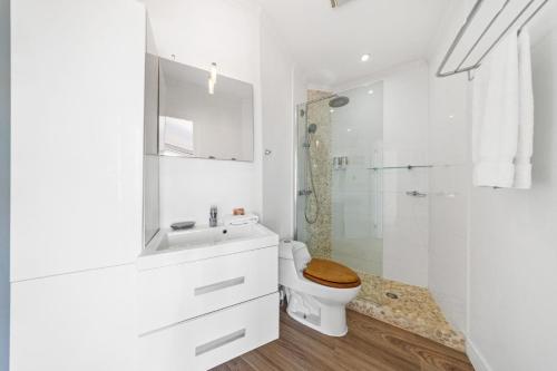 a white bathroom with a toilet and a shower at Beautiful 5BR Villa *Zen*Nature*Views*BBQ*BathTub* in Noord