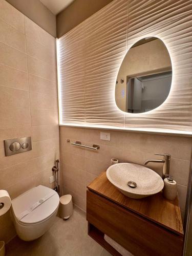 a bathroom with a sink and a toilet and a mirror at La Pepita - nel cuore del centro in Turin