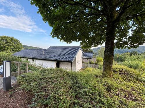 ein weißes Gebäude mit einem schwarzen Dach neben einem Baum in der Unterkunft Haus am See in Biersdorf