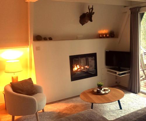 a living room with a fire in the fireplace at Maison Tronchiennes in Durbuy