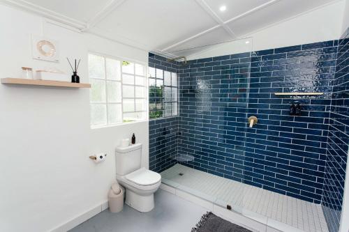 a bathroom with a toilet and blue tiles at 19 Mare St Apartments in Howick