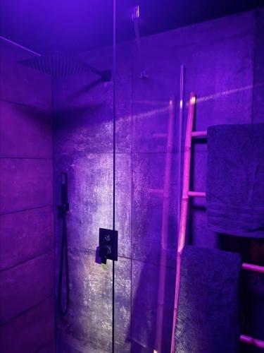 a bathroom with purple and pink lights on the wall at Love Room Les secrets interdits in Wattignies