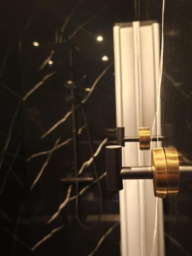 a close up of a shower curtain in a bathroom at Suite love Jacuzzi in Charleroi