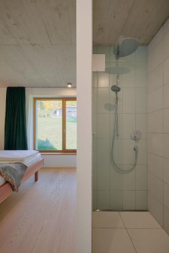 a bathroom with a shower with a glass door at Haus Aerli in Ehrwald