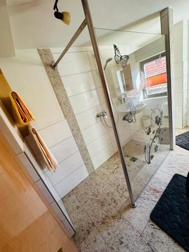 a shower with a glass door in a bathroom at Ferienwohnung Marie in Kurort Steinbach-Hallenberg