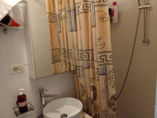 a bathroom with a toilet and a shower curtain at Brin house in Genova
