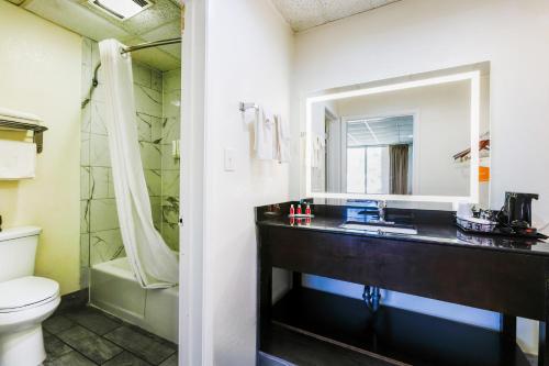 a bathroom with a sink and a toilet and a mirror at Edyn Hotel By Townhouse Wytheville US 52 in Wytheville