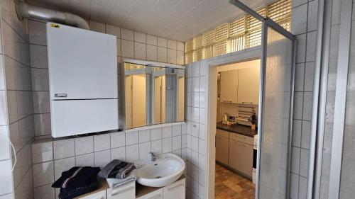 a bathroom with a sink and a mirror at Ferienwohnung Stephan in Berggiesshübel