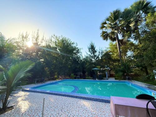 une piscine dans une cour avec un palmier dans l'établissement Dalaba Eco-Lodge, à Gunjur