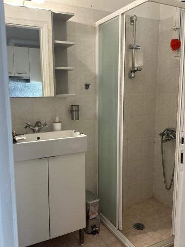 a bathroom with a sink and a shower at Ostria spiti 5 in Aigio