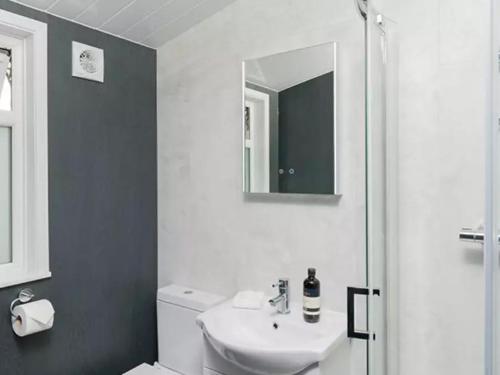 een witte badkamer met een wastafel en een spiegel bij Merley Woodland Superior4 Lodge with Hot Tub in Wimborne Minster