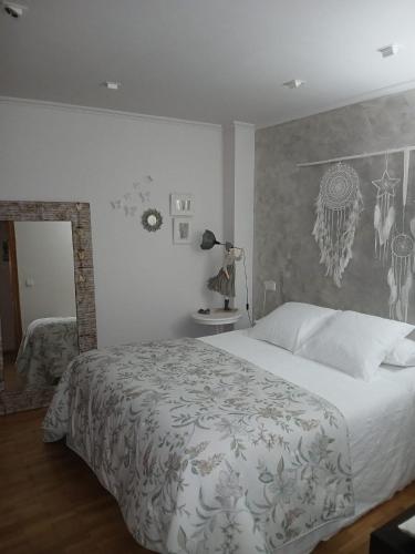 a bedroom with a large bed and a mirror at La casa del gatico in Lumbier