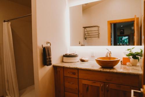a bathroom with a wooden sink and a mirror at Sequim Bay Hideaway in Sequim