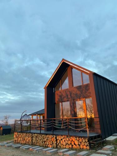 una casa construida sobre una pila de troncos en EleS Chalet, en Brebu