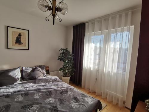 a bedroom with a bed and a large window at Apartman Sigma Zlatar in Nova Varoš