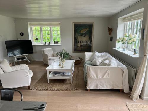 a living room with white furniture and a flat screen tv at Summerhouse Denmark in Tisvildeleje 700 m walk from beach in Tisvilde