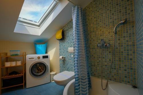 a bathroom with a shower and a toilet and a window at Apartments Viva in Korčula
