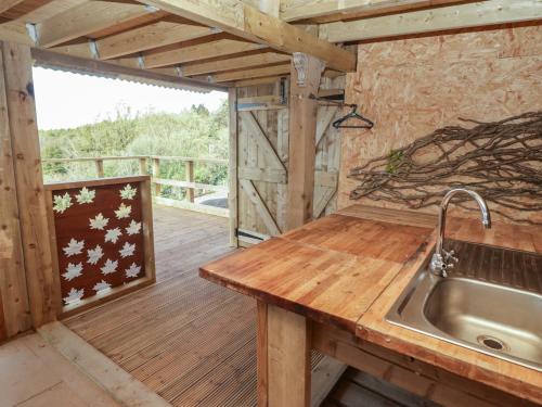 a kitchen with a sink on a wooden deck at Arian in Aber-nant