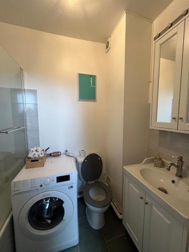 a bathroom with a washing machine and a sink at Charming 2 room appartement in Paris