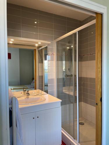 une salle de bains avec lavabo et douche en verre dans l'établissement Résidence Beauséjour, à Carantec
